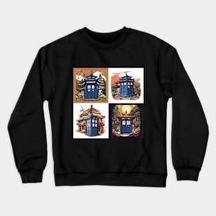 Illustration of four blue tardis in Japan on sunset Crewneck Sweatshirt